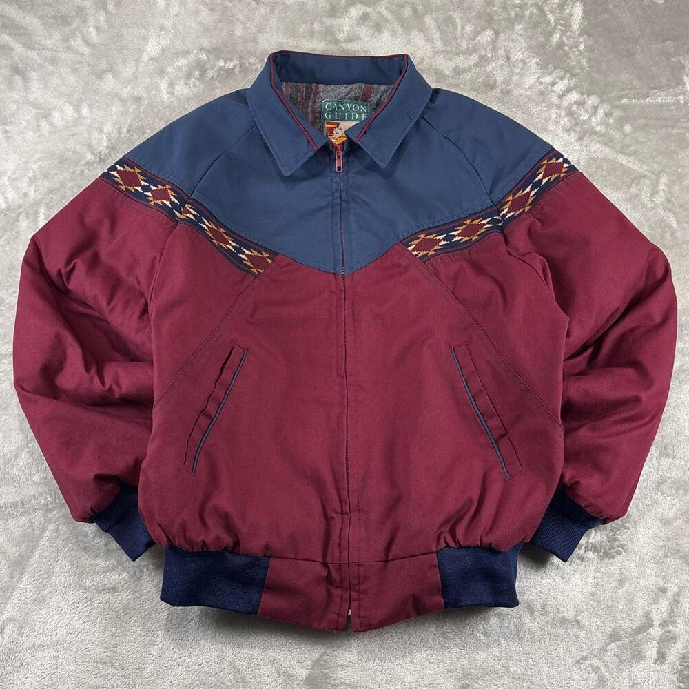 Rare VTG Canyon Guide Outfitters Maroon/Blue Aztec Canvas Blanket Lined Jacket L